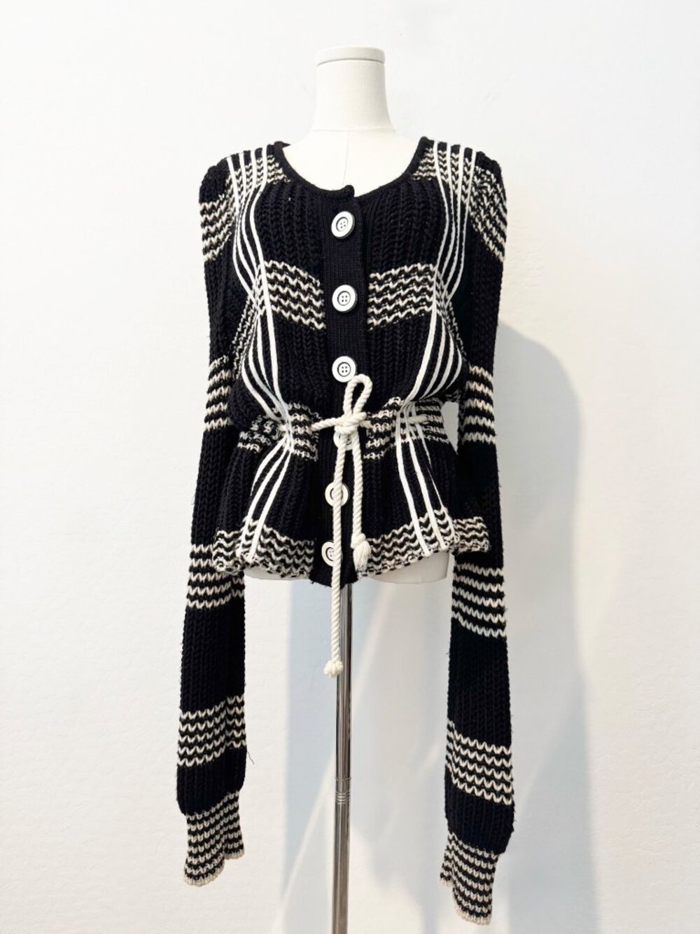 Laureate Lane Cardigan Size XL Wool Striped Chunky Rope Tie Sweater Retro Boho